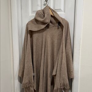 Calvin Klein Tan Fringe Shawl wrap hooded OS